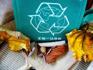 re usable bag with recycling symbol on it.
